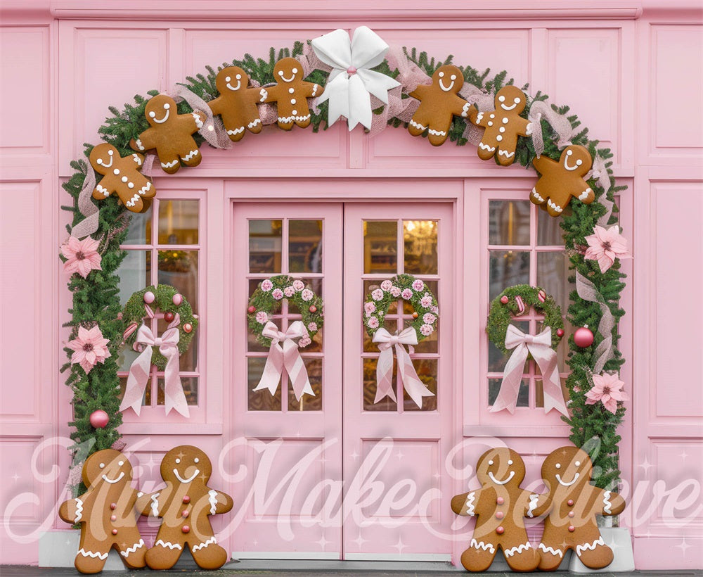 Kate Christmas Pink Gingerbread Store Backdrop Designed by Mini MakeBelieve