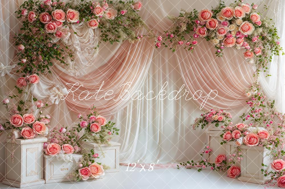 Kate Valentine Pink Floral Rose Curtain Backdrop Designed by Emetselch