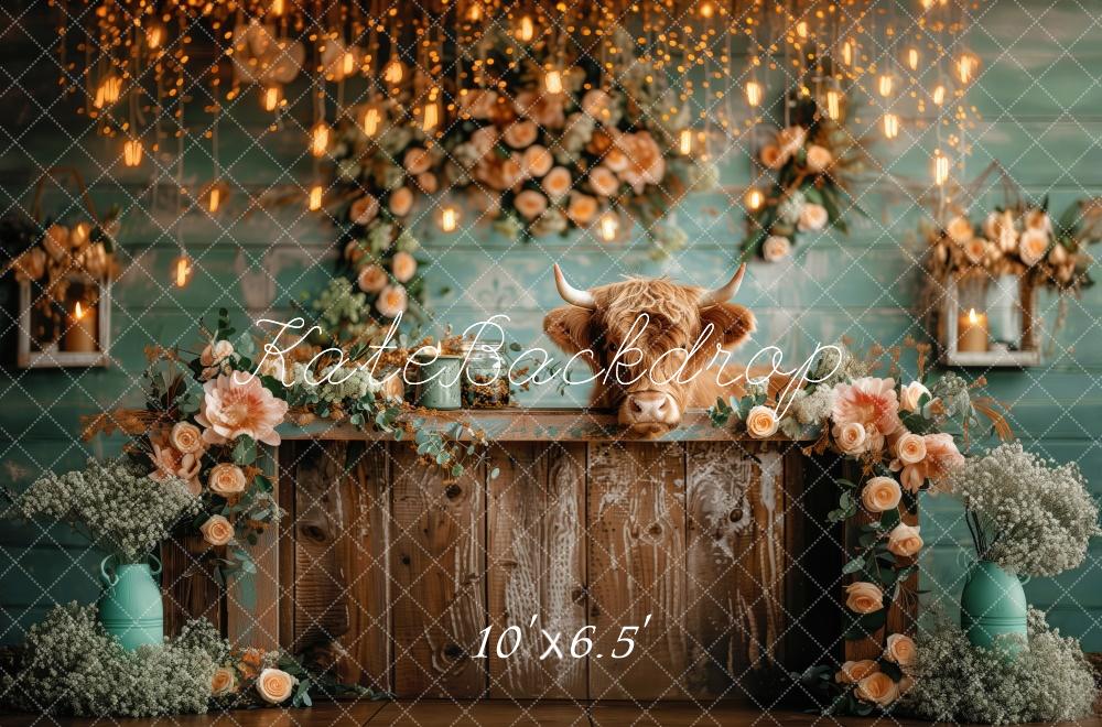 Bloemen Cow Green Wall Rustic Decor Foto Achtergrond Designed by Patty Robert