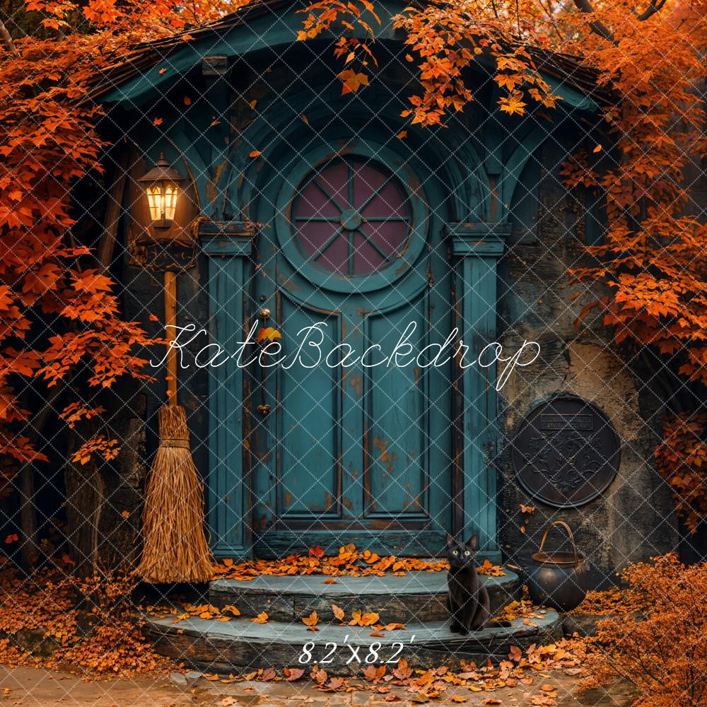 Kate Fall Red Maple Leaf Blue Arch Door Backdrop Designed by Emetselch