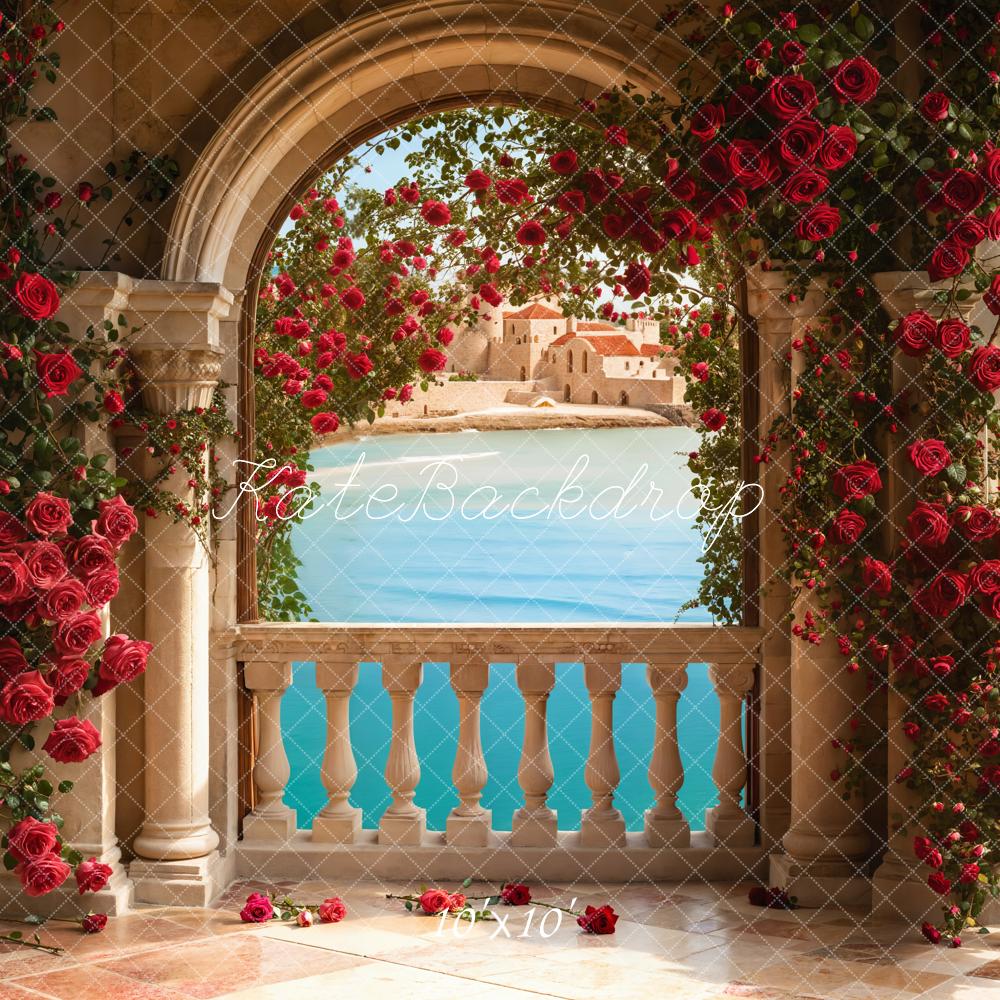 Kate Valentine Roses Arch Balcony Lake Backdrop Designed by Emetselch