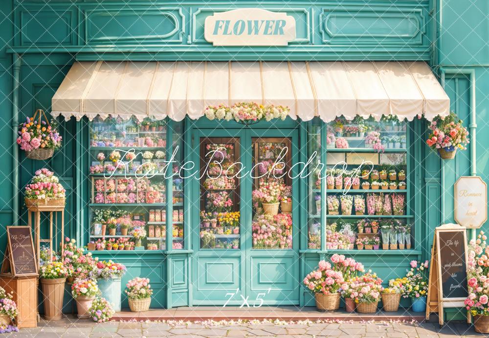 Kate Spring Blue Flower Shop Front Backdrop Designed by Emetselch