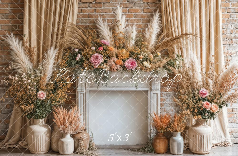 Kate Boho Floral Fireplace Curtain Beige Backdrop Designed by Emetselch