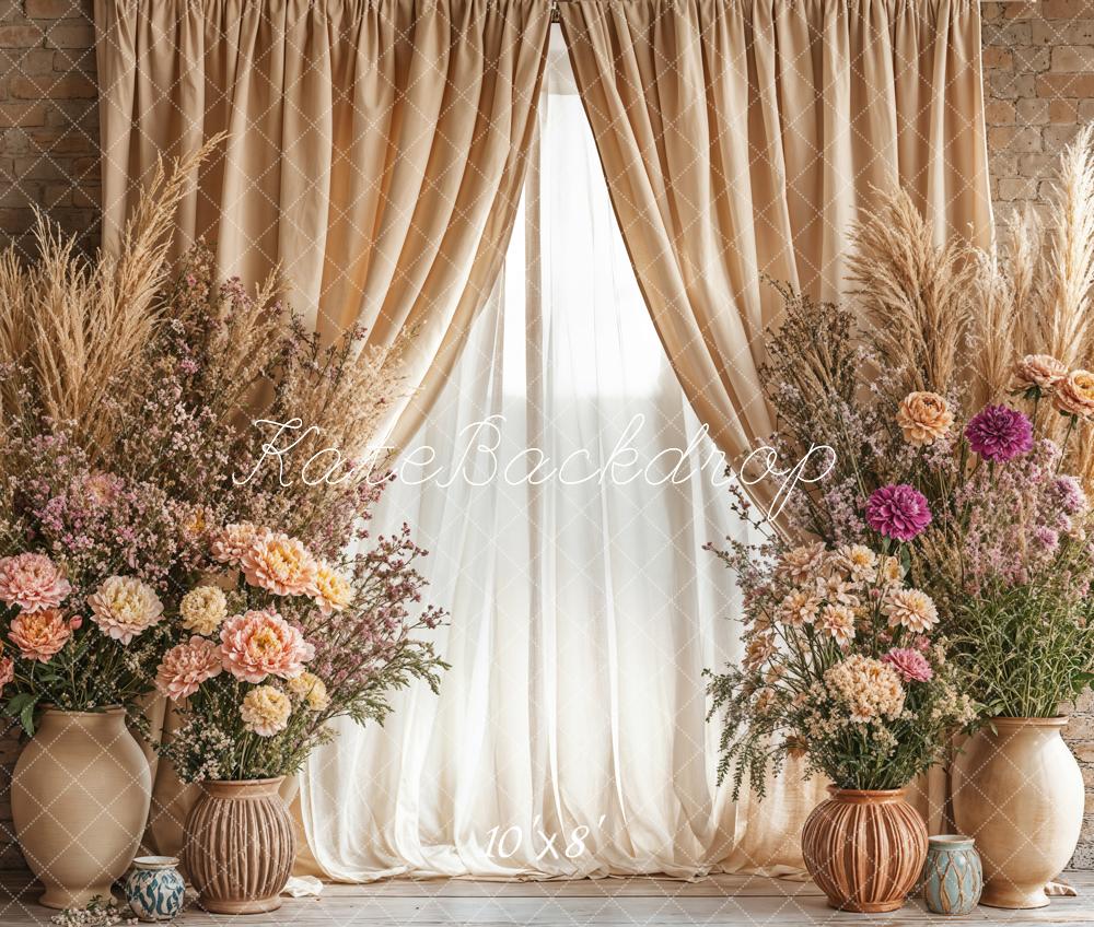 Kate Boho Floral Beige Curtain Vase Backdrop Designed by Emetselch