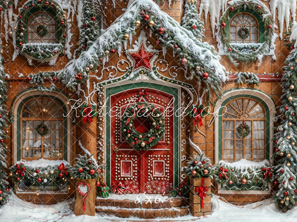 Kate Christmas Red Star Brown Gingerbread House Backdrop Designed by Emetselch