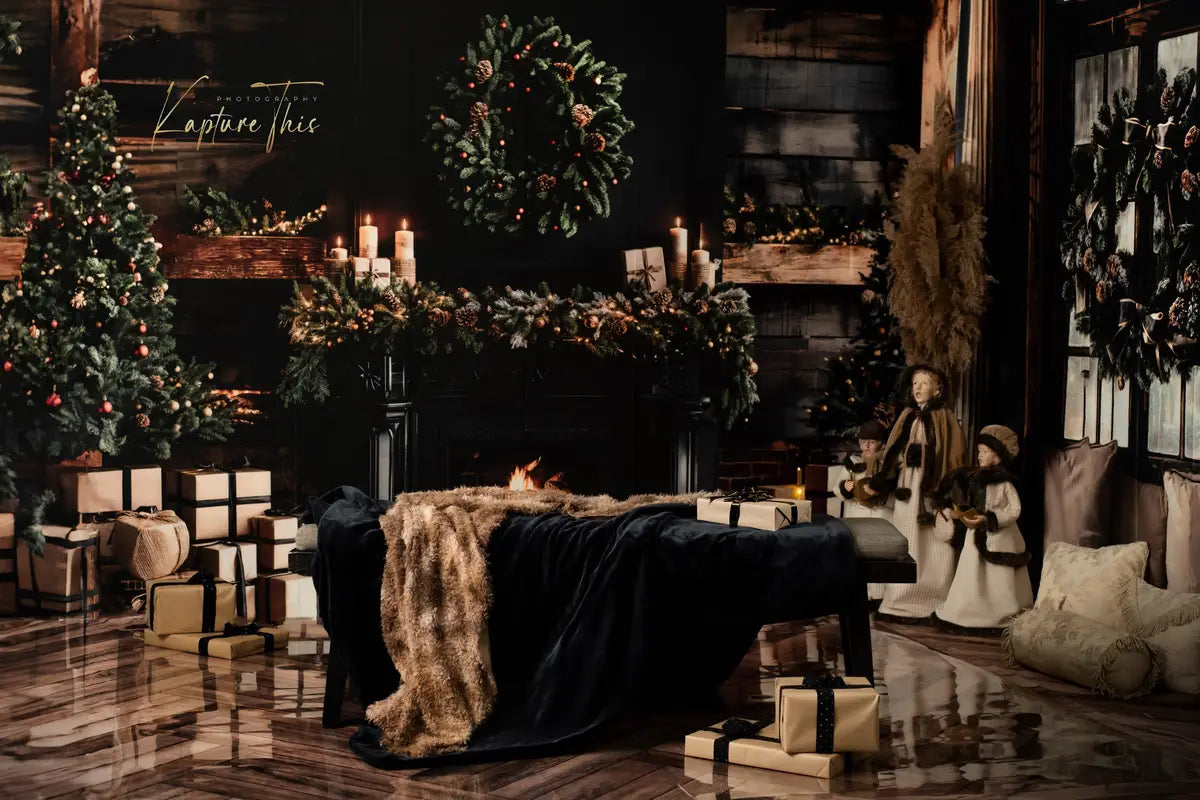 Kate Christmas Black Modern Fireplace Brown Wooden Striped Wall Backdrop Designed by Emetselch