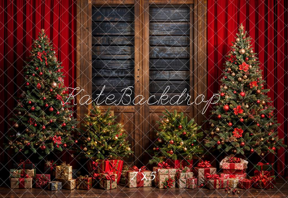 Kate Christmas Tree Red Curtain Gray Wooden Wall Backdrop Designed by Emetselch