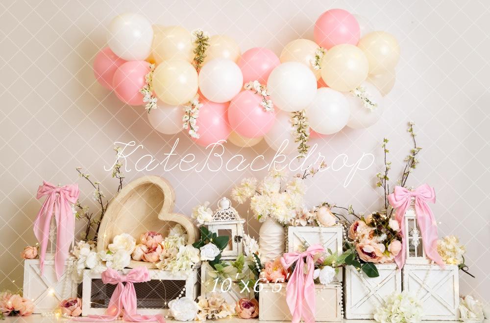 Kate Floral Balloon Heart Pink Bows Backdrop Designed by Megan Leigh Photography