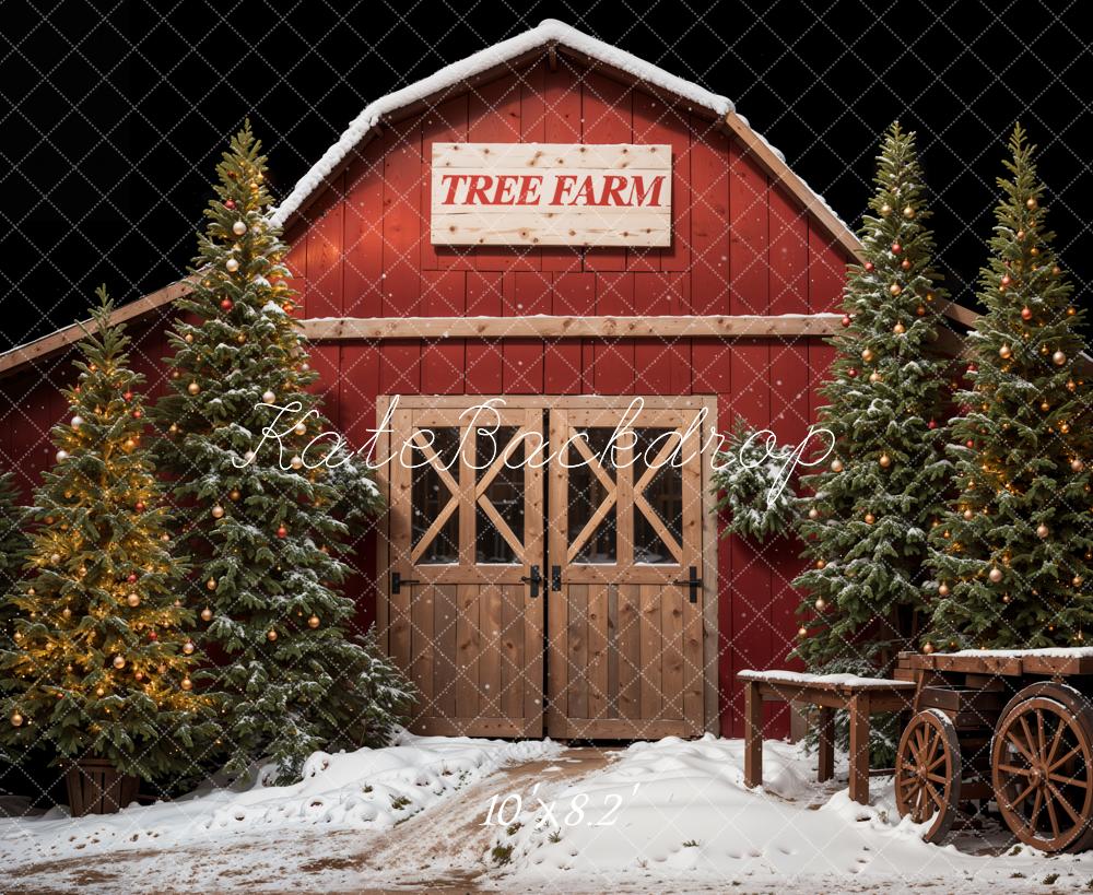 Kate Christmas Forest Red Tree Farm House Backdrop Designed by Emetselch