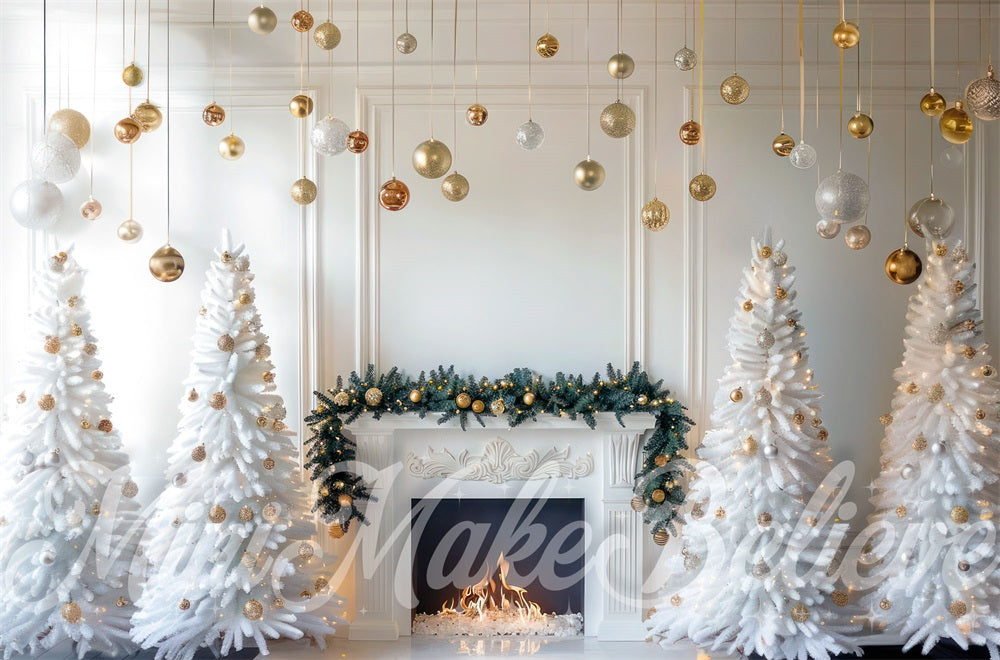 Kate White Christmas Retro Floral Fireplace Backdrop Designed by Mini MakeBelieve