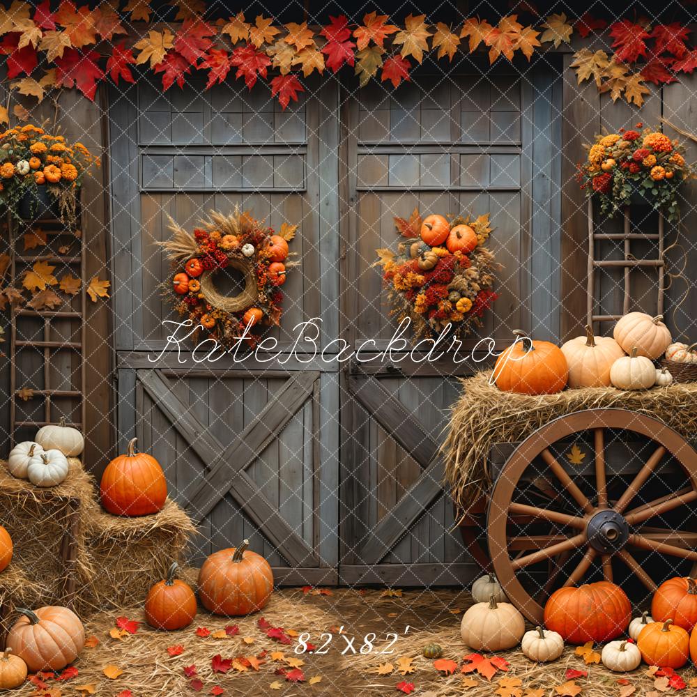 Kate Fall Barn Wood Door Maple Pumpkin Backdrop Designed by Emetselch