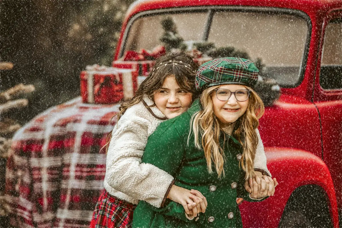 Kate Christmas Red Truck Plaid Forest Backdrop Designed by Emetselch