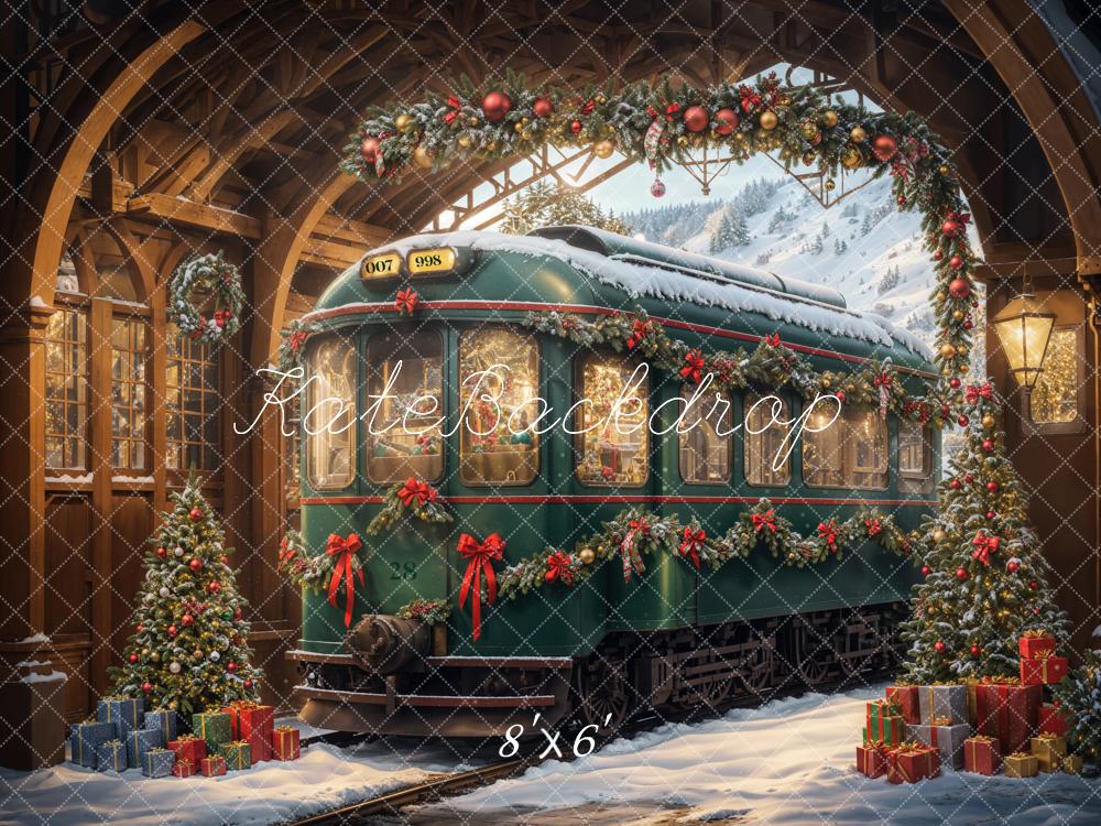 Kate Christmas Tree Arch Green Retro Train Backdrop Designed by Emetselch