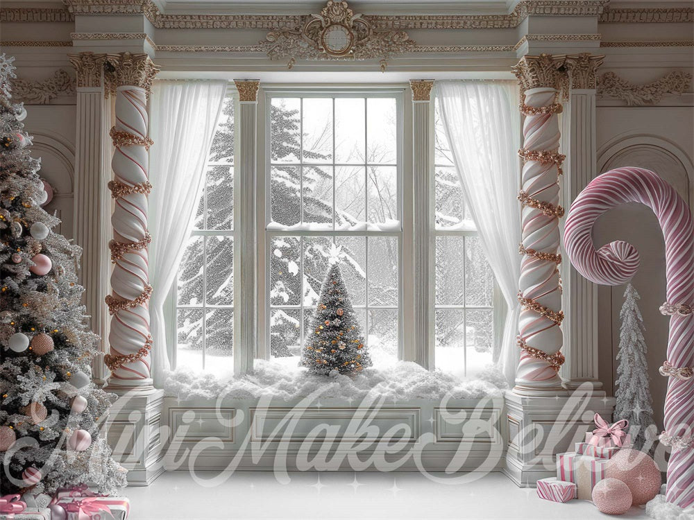 Kate Christmas Indoor Pink Candy White Retro Framed Window Backdrop Designed by Mini MakeBelieve