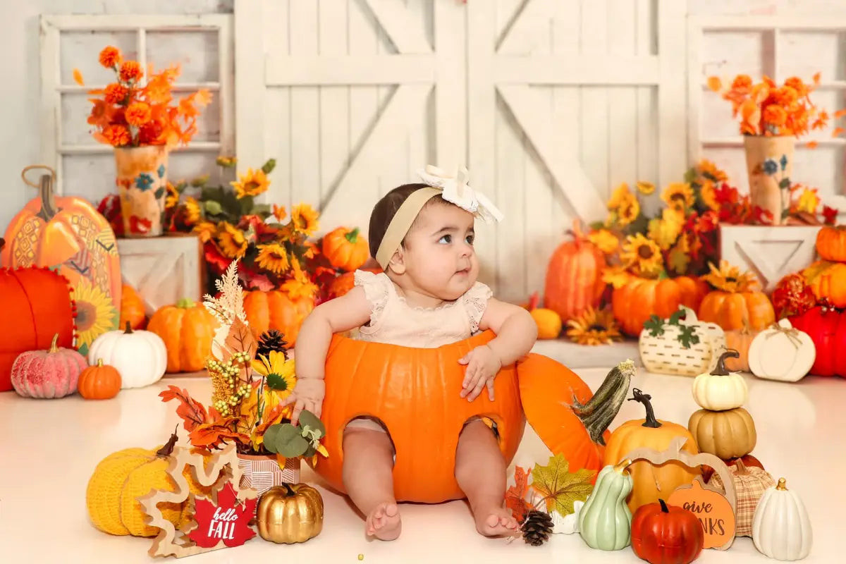 Kate Fall Pumpkin Backdrop White Barn Door Fallen Leaves Designed by Emetselch