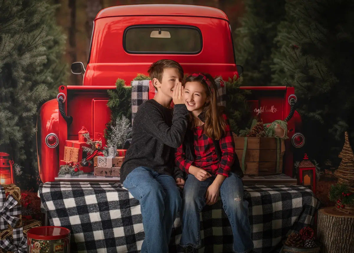 Fondo para fotografía de camión rojo de Navidad fuera de casa