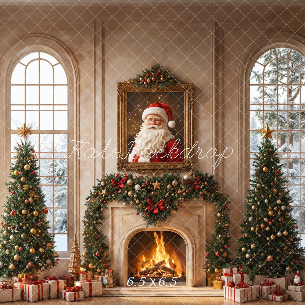 Kate Christmas Tree Fireplace Santa Claus Portrait Vintage Window Backdrop Designed by Emetselch