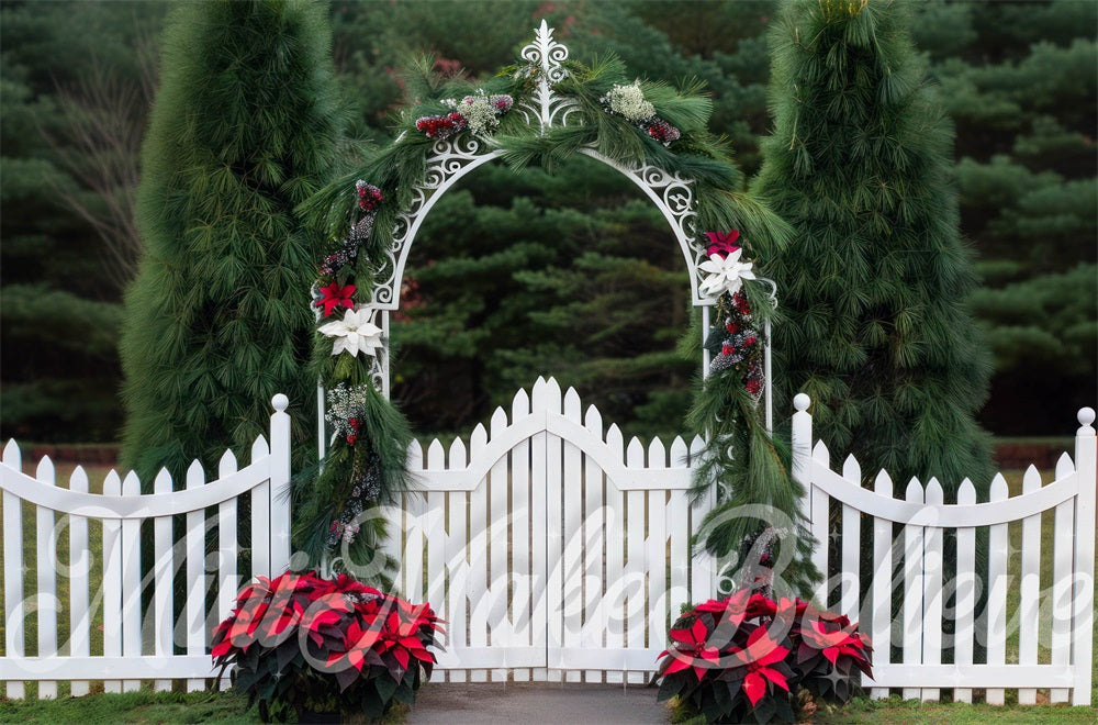 Natale Invernale Foresta All'aperto Retro Cancello ad Arco Bianco Sfondo Creato da Mini MakeBelieve