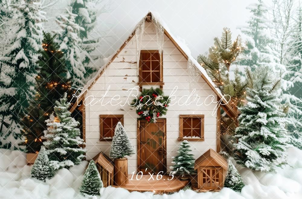 Kate Christmas Snowy White Wooden Cabin Backdrop Designed by Patty Robert