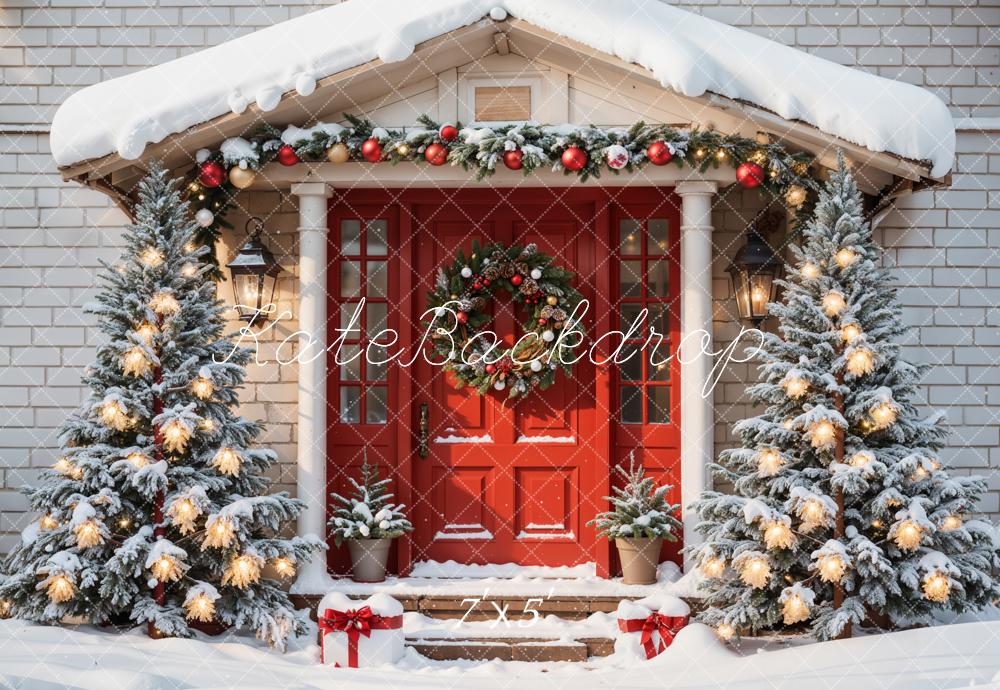 Kate Christmas Red Door Gray Brick Wall Snow House Backdrop Designed by Emetselch
