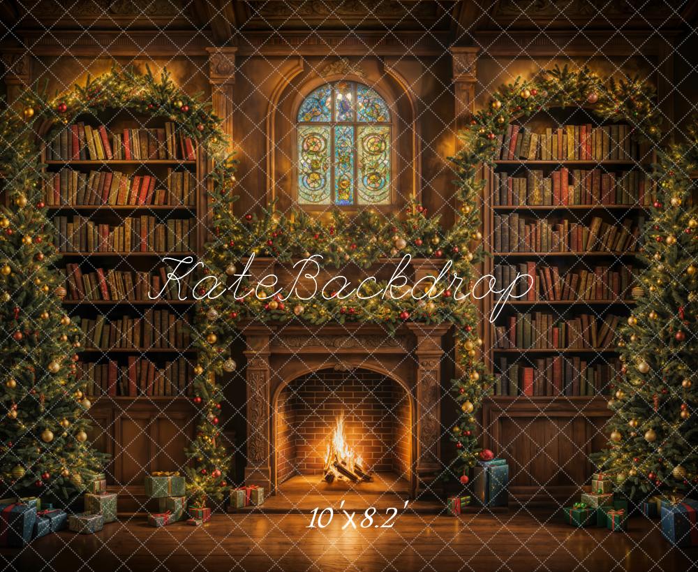 Kate Christmas Indoor Arched Bookshelf Retro Brick Fireplace Backdrop Designed by Emetselch