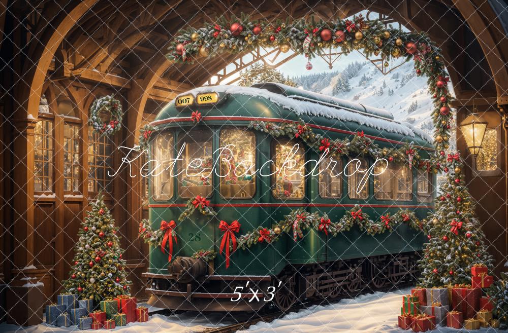 Kate Christmas Tree Arch Green Retro Train Backdrop Designed by Emetselch