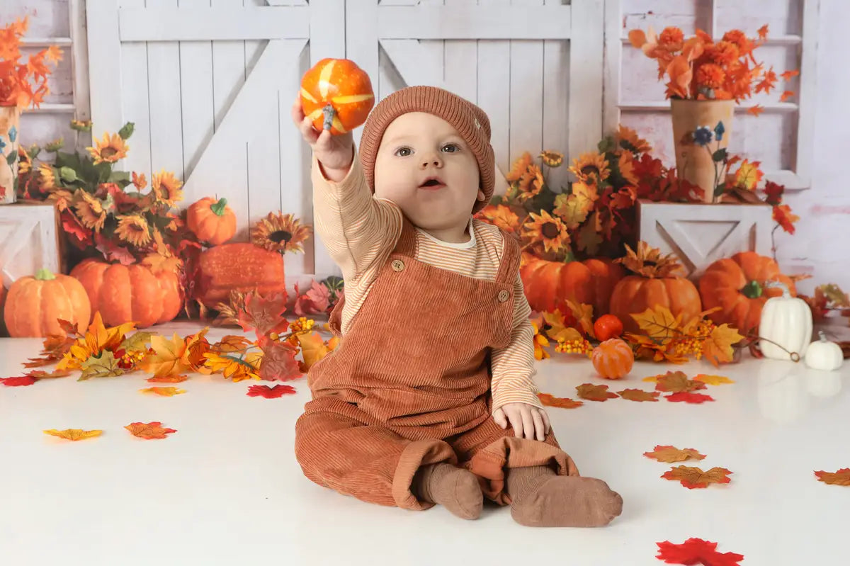 Kate Fall Pumpkin Backdrop White Barn Door Fallen Leaves Designed by Emetselch