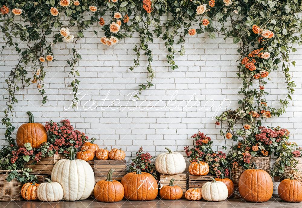 TEST Kate Fall Pumpkins Floral Brick Wall Backdrop Designed by Emetselch