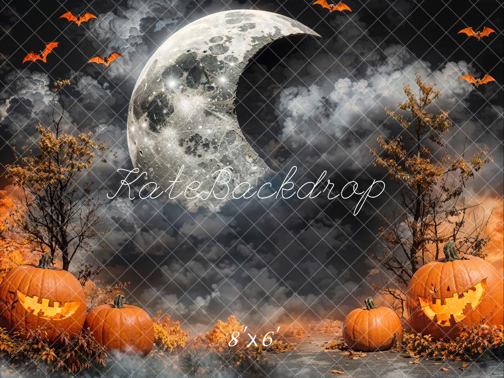 Kate Halloween Crescent Moon Dark Cloud Pumpkin Lanterns Backdrop Designed by Emetselch