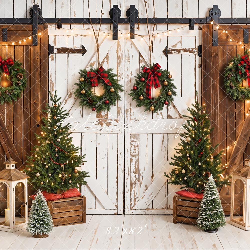 Kate Christmas Tree White Wooden Barn Door Brown Wall Backdrop Designed by Emetselch