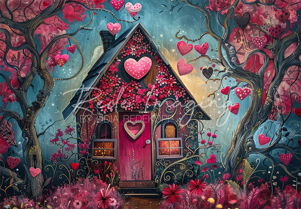 Arte Fantastica Cartoon Forest Red Heart Hut Backdrop Progettata da Lidia Redekopp