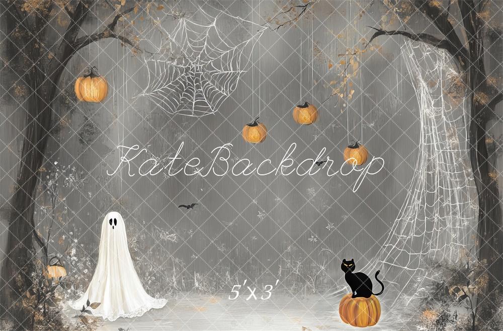 Halloween Cartoon Ghost and Spider Web Foto Achtergrond Designed by Lidia Redekopp