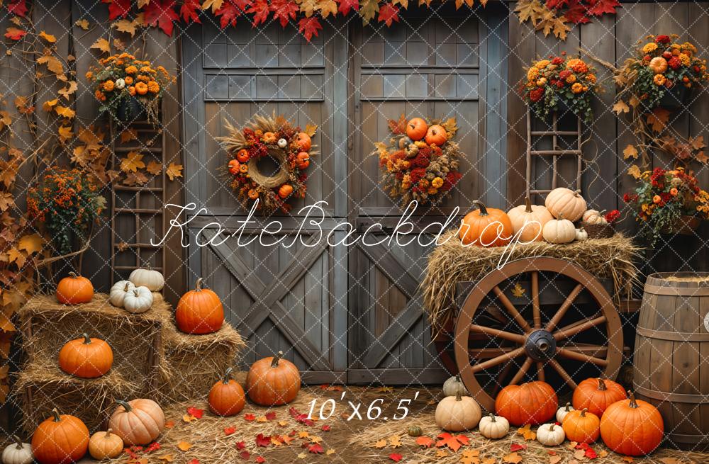 Kate Fall Barn Wood Door Maple Pumpkin Backdrop Designed by Emetselch