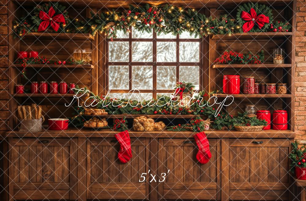 Kate Christmas Kitchen Brown Wooden Cabinets Red Stocking Backdrop Designed by Emetselch