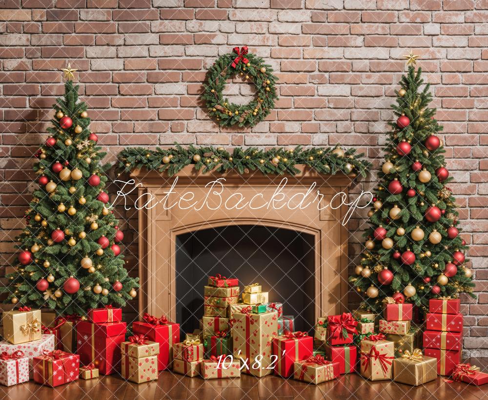 Kate Christmas Brown Fireplace Red Brick Wall Backdrop Designed by Emetselch