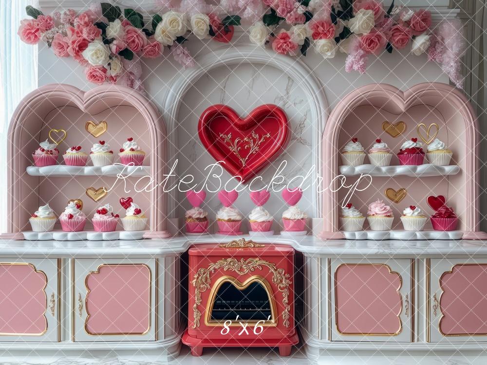 Kate Valentine Cupcake Pink Kitchen Heart Backdrop Designed by Mini MakeBelieve