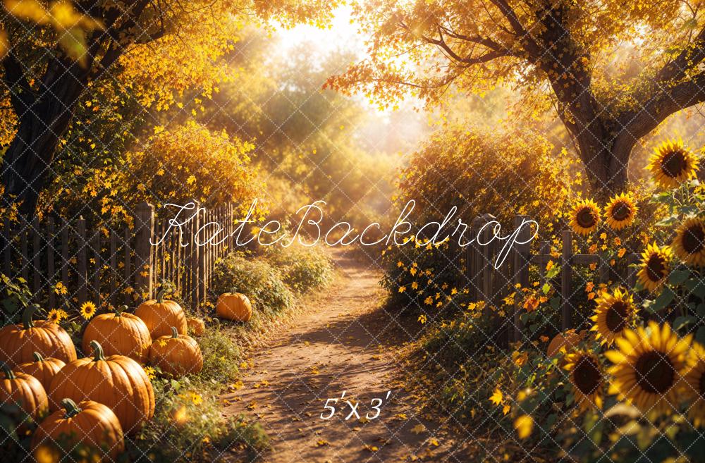 Fall Maple Tree Road Sunflowers Pumpkins Foto Achtergrond Designed by Emetselch