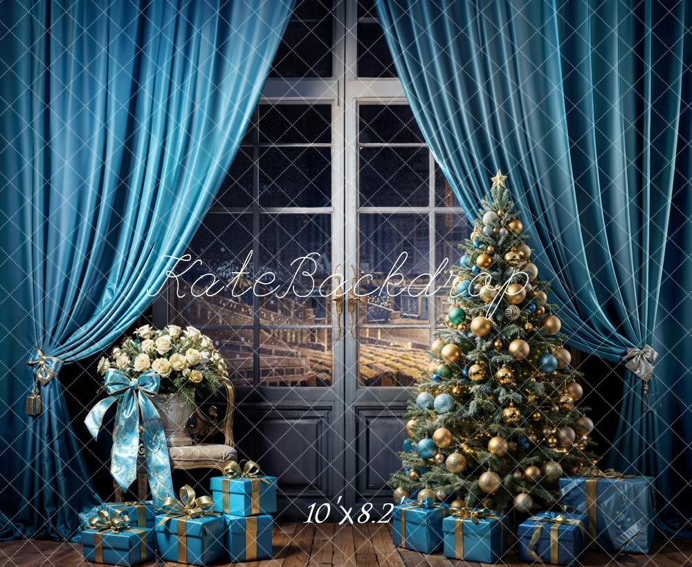 Kate Christmas Tree Sky Blue Curtains Gift Box Backdrop Designed by Emetselch