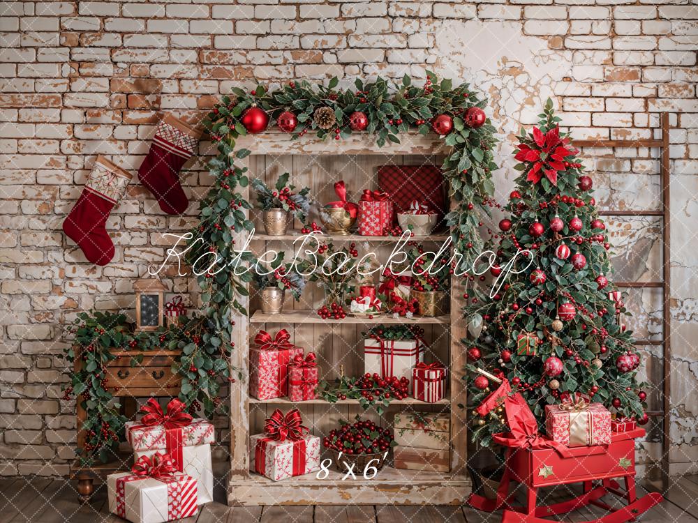 Kate Christmas Tree Retro Cabinets White Brick Wall Backdrop Designed by Emetselch