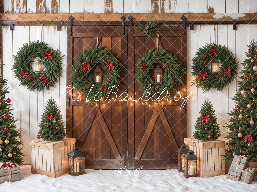 Kate Christmas Tree Brown Wooden Barn Door White Wall Backdrop Designed by Emetselch