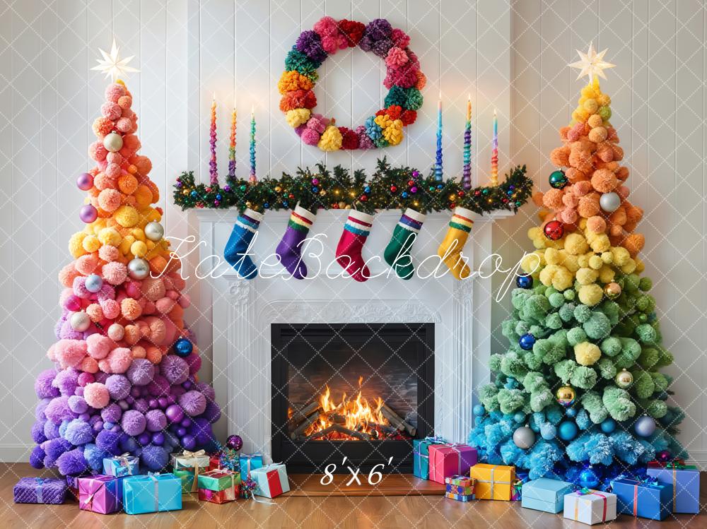 TEST Kate Colorful Christmas Trees Fireplace Backdrop Designed by Emetselch