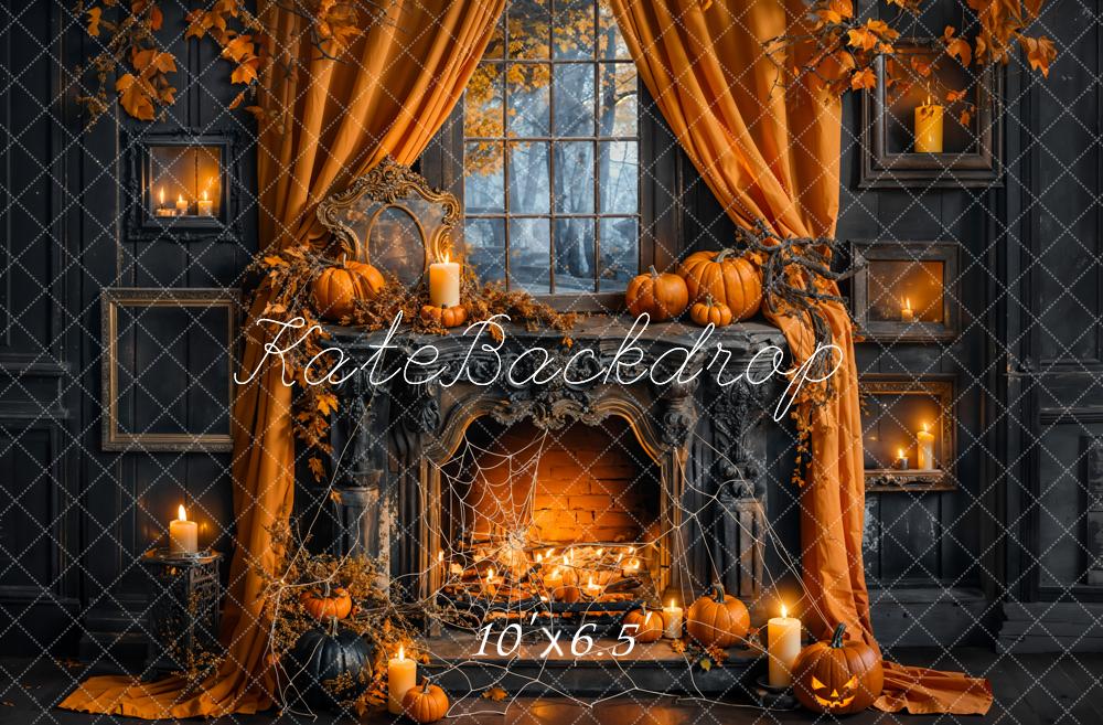 Kate Fall Halloween Pumpkin Black Fireplace Backdrop Designed by Emetselch