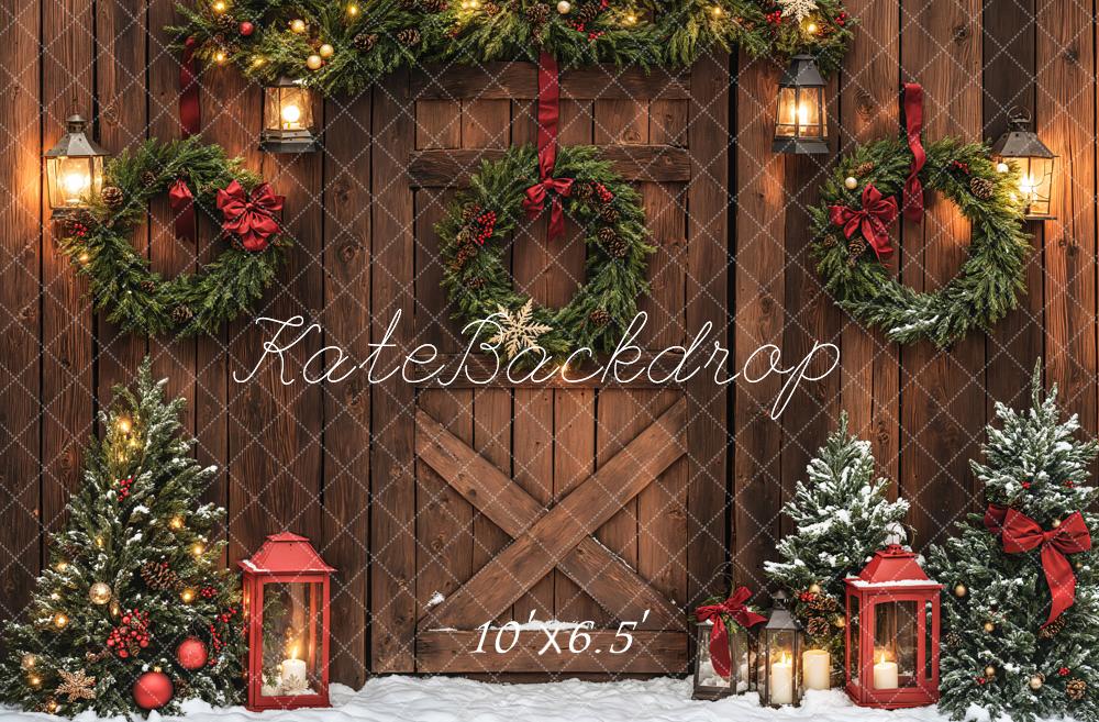 Kate Christmas Brown Wood Door Wreaths Backdrop Designed by Emetselch