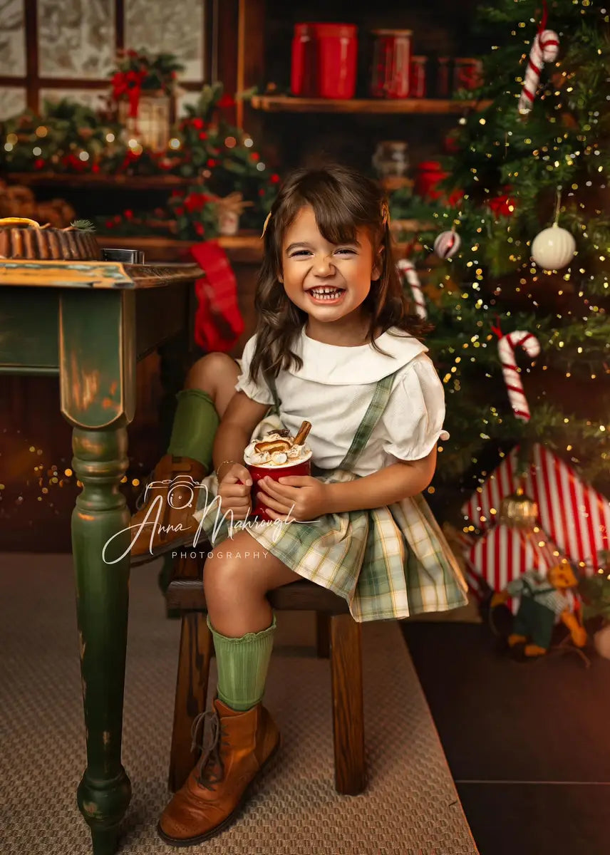 Kate Christmas Kitchen Brown Wooden Cabinets Red Stocking Backdrop Designed by Emetselch