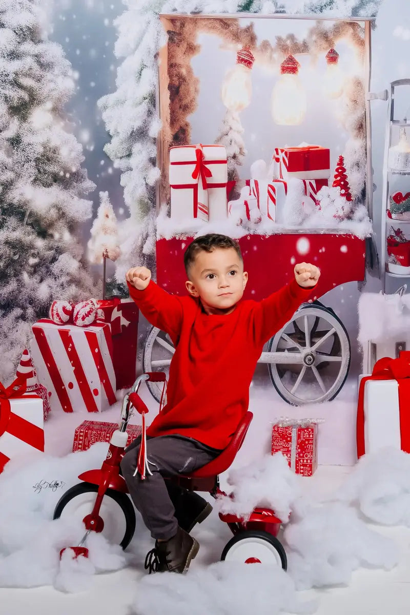 Scatole regalo invernali di Natale Trolley Sfondo nevoso progettate dalla fotografia Chain