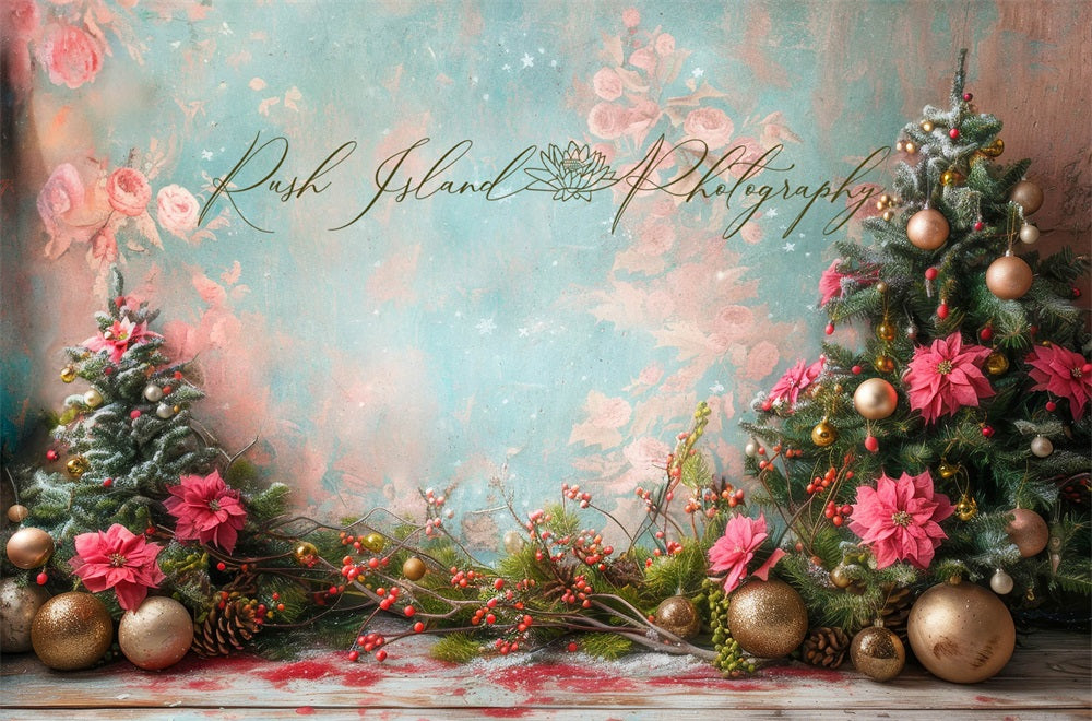 Kate Christmas Tree Pink Fine Art Flowers Wall Poinsettia Backdrop Designed by Laura Bybee