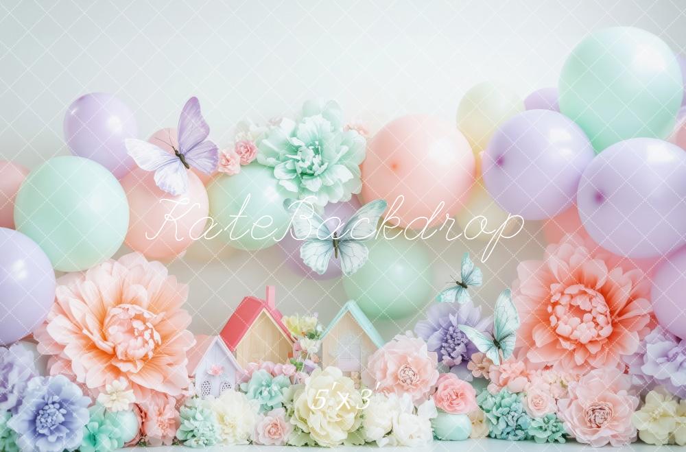 Spring Pastel Ballonnen Bloemen Vlinders Foto Achtergrond Designed by Patty Roberts