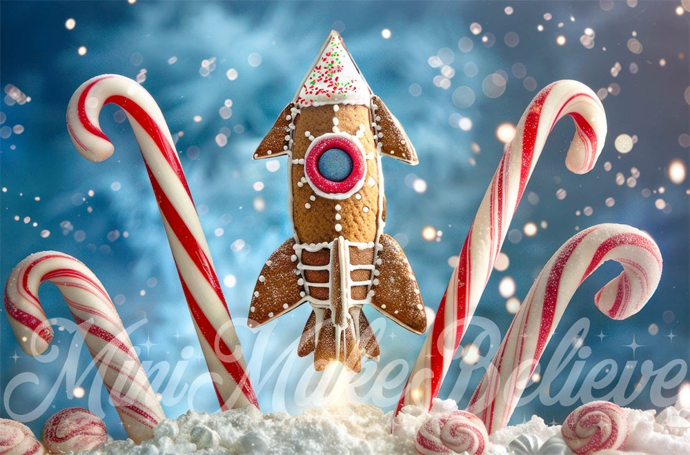 Kate Christmas Red Candy Brown Gingerbread Rocket Backdrop Designed by Mini MakeBelieve