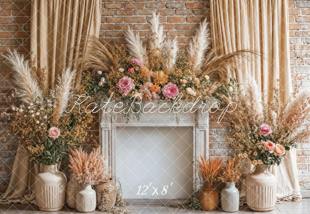 Kate Boho Floral Fireplace Curtain Beige Backdrop Designed by Emetselch