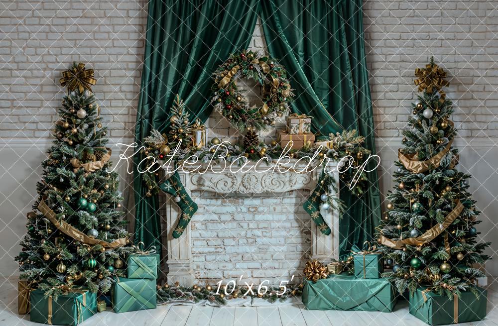 Kate Christmas White Retro Floral Brick Fireplace Backdrop Designed by Emetselch